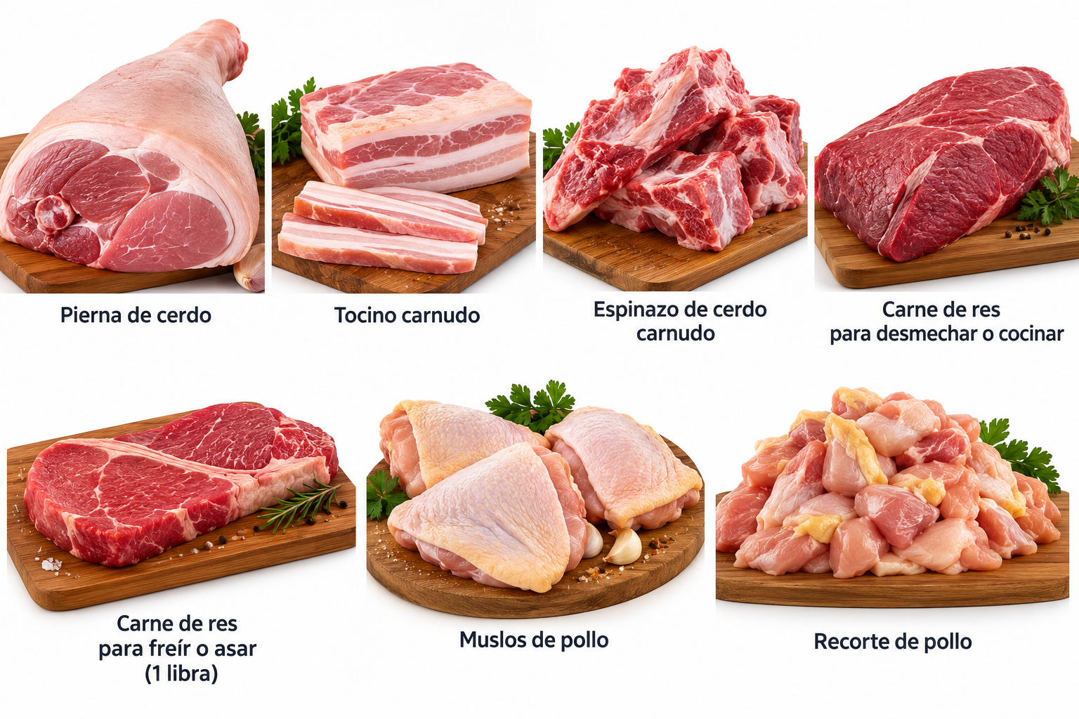 Contenido del Combo Proteína Hogar Día a Día: pierna de cerdo, tocino carnudo, espinazo carnudo, carne de res para asar o freír, carne de res para desmechar o cocinar, muslos de pollo y recorte de pollo